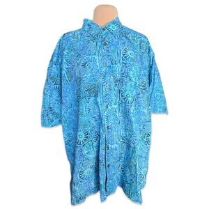 Vintage 90s Johari West Blue Turquoise Abstract Batik Button Up Shirt Vacation
